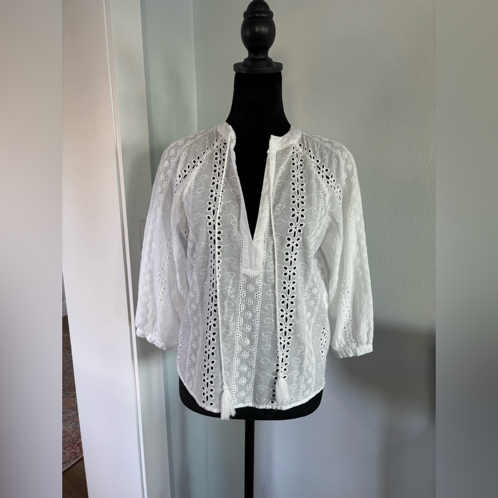 Bunulu white eyelet boho peasant style top small